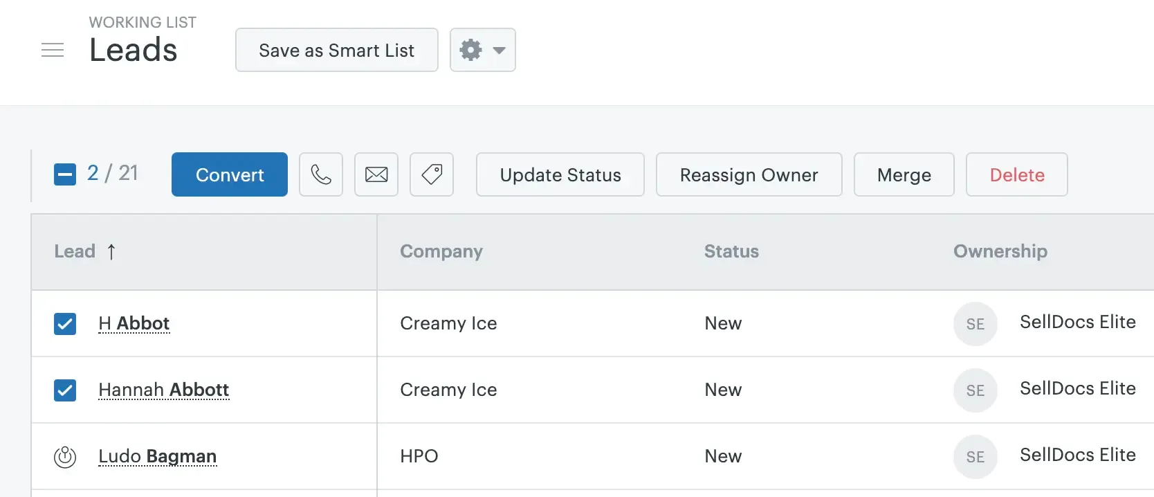 Zendesk Sell Leads page showing two selected leads with bulk actions to convert, update status, reassign owner, merge, or delete leads.